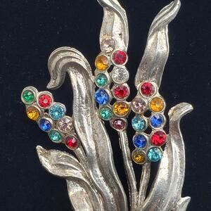 Pot Metal Rhinestone Brooch Wheat Corn Silver Tone Multicolor Vintage 1930s 40s